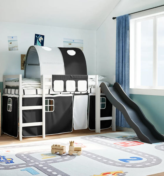 Kinderhochbett mit Tunnel Weiß & Schwarz 80x200 cm Kiefernholz