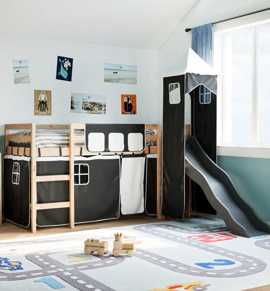 Kinderhochbett mit Turm Weiß & Schwarz 80x200 cm Kiefernholz
