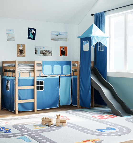 Kinderhochbett mit Turm Blau 80x200 cm Massivholz Kiefer