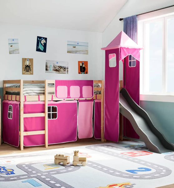 Kinderhochbett mit Turm Rosa 80x200 cm Massivholz Kiefer