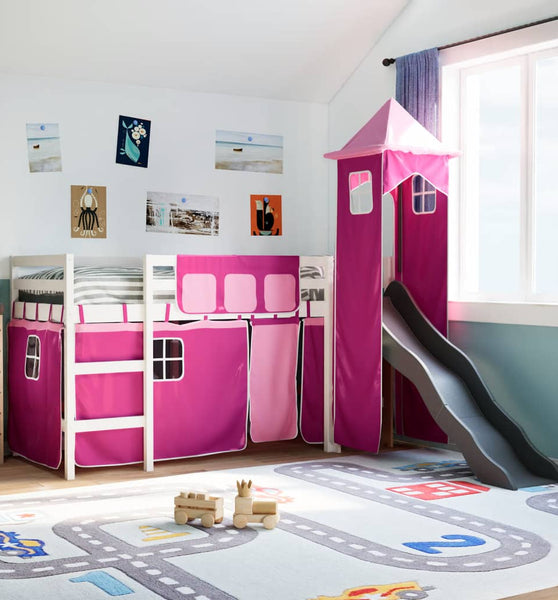 Kinderhochbett mit Turm Rosa 80x200 cm Massivholz Kiefer