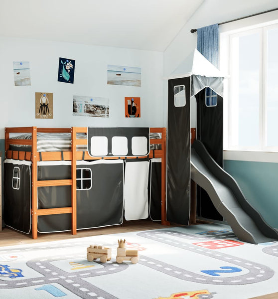 Kinderhochbett mit Turm Weiß & Schwarz 80x200 cm Kiefernholz