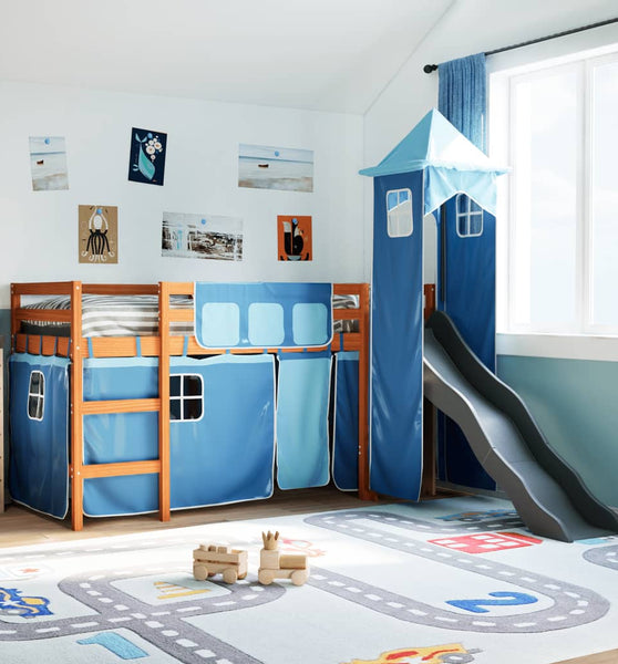 Kinderhochbett mit Turm Blau 80x200 cm Massivholz Kiefer