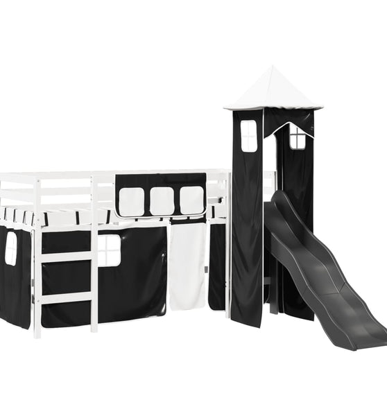Kinderhochbett mit Turm Weiß & Schwarz 90x200 cm Kiefernholz