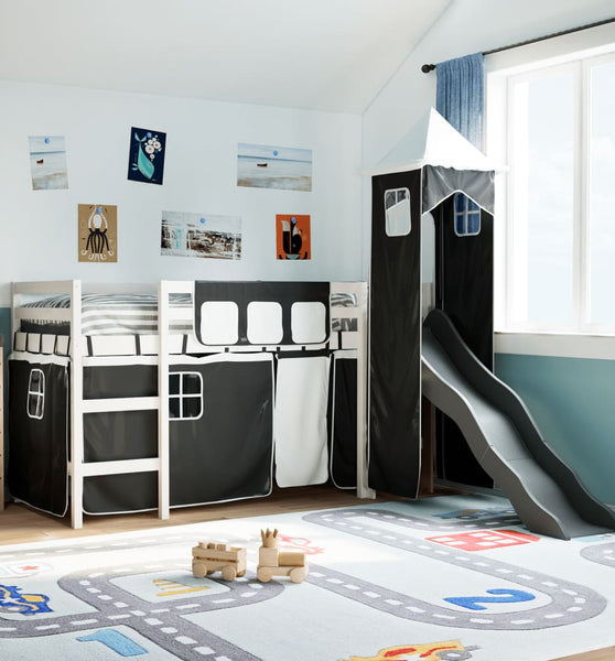 Kinderhochbett mit Turm Weiß & Schwarz 90x200 cm Kiefernholz