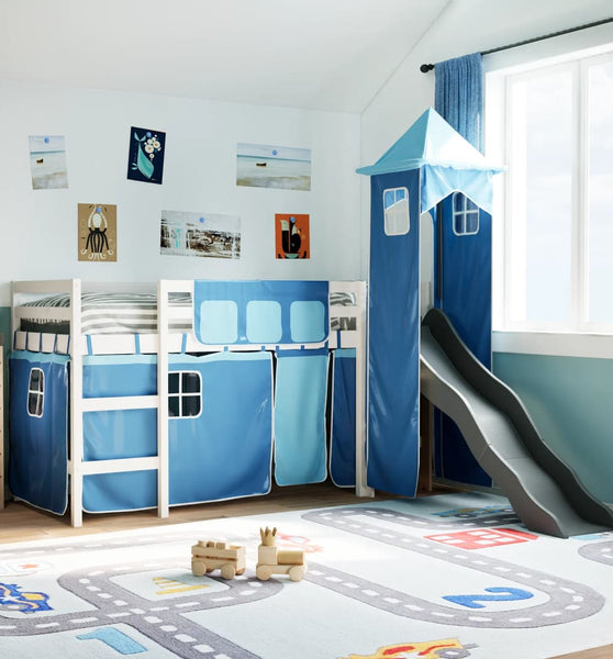 Kinderhochbett mit Turm Blau 90x200 cm Massivholz Kiefer