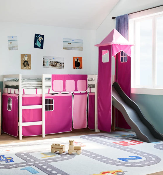 Kinderhochbett mit Turm Rosa 90x200 cm Massivholz Kiefer