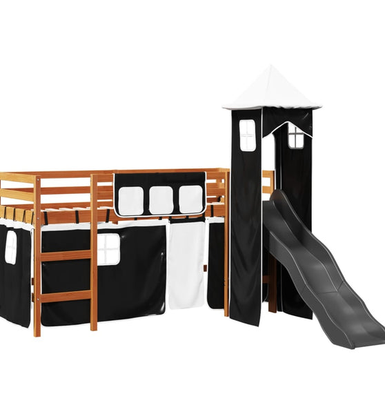 Kinderhochbett mit Turm Weiß & Schwarz 90x200 cm Kiefernholz