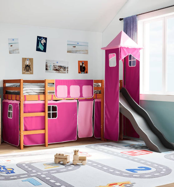 Kinderhochbett mit Turm Rosa 90x200 cm Massivholz Kiefer