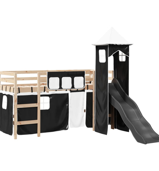 Kinderhochbett mit Turm Weiß & Schwarz 90x190 cm Kiefernholz