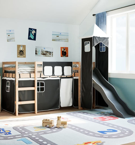 Kinderhochbett mit Turm Weiß & Schwarz 90x190 cm Kiefernholz