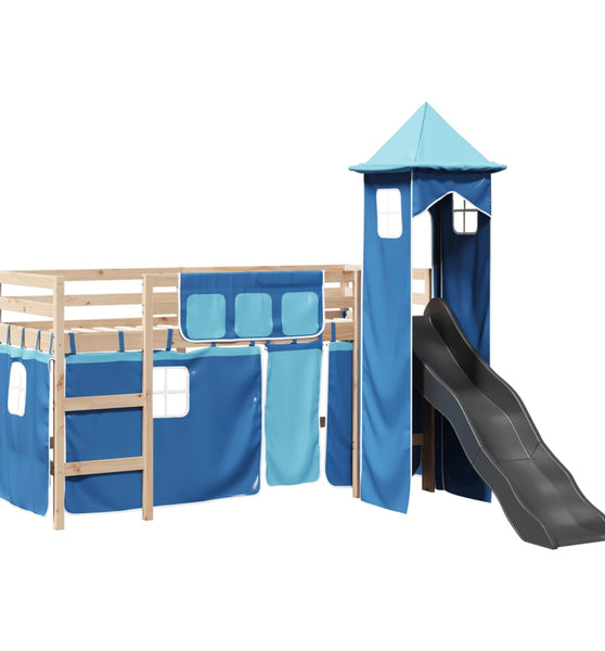 Kinderhochbett mit Turm Blau 90x190 cm Massivholz Kiefer
