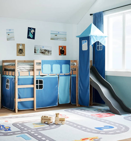 Kinderhochbett mit Turm Blau 90x190 cm Massivholz Kiefer