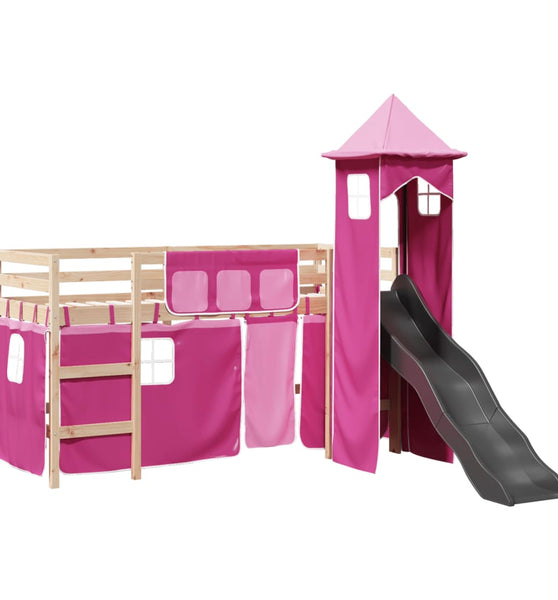 Kinderhochbett mit Turm Rosa 90x190 cm Massivholz Kiefer