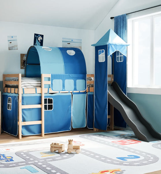 Kinderhochbett mit Turm Blau 80x200 cm Massivholz Kiefer
