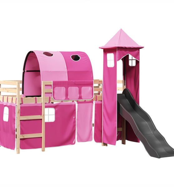 Kinderhochbett mit Turm Rosa 80x200 cm Massivholz Kiefer