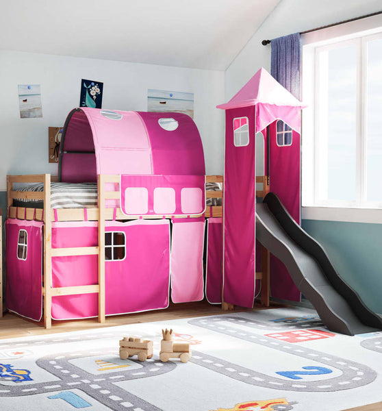Kinderhochbett mit Turm Rosa 80x200 cm Massivholz Kiefer