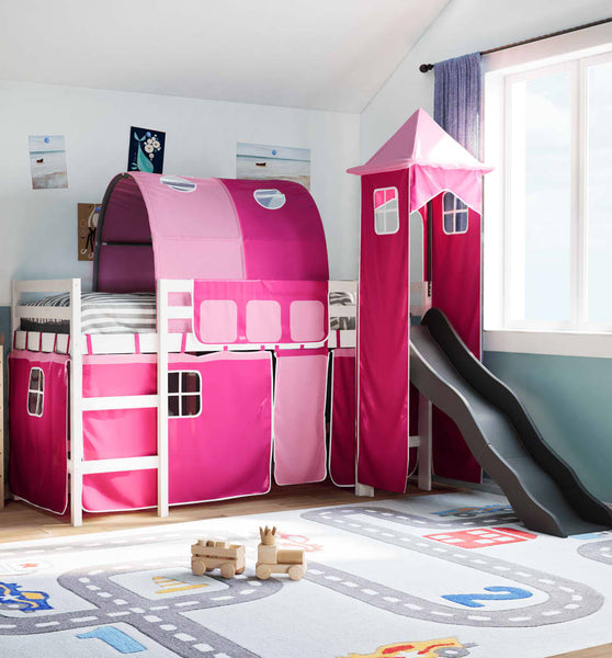 Kinderhochbett mit Turm Rosa 80x200 cm Massivholz Kiefer