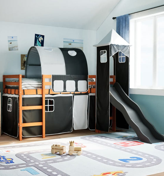 Kinderhochbett mit Turm Weiß & Schwarz 80x200 cm Kiefernholz