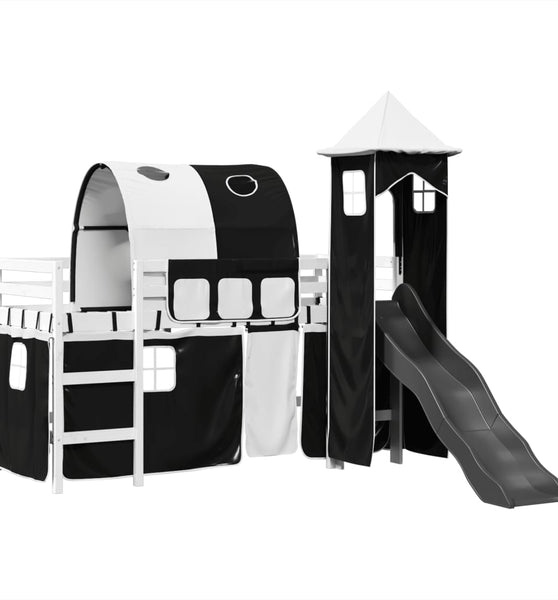 Kinderhochbett mit Turm Weiß & Schwarz 90x200 cm Kiefernholz