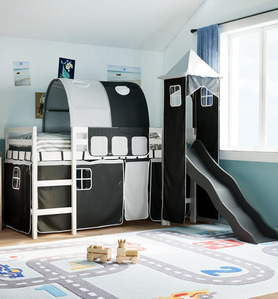 Kinderhochbett mit Turm Weiß & Schwarz 90x200 cm Kiefernholz