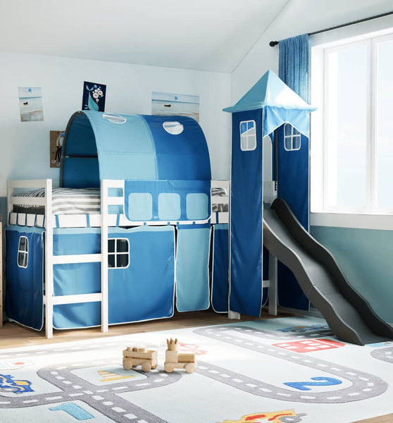 Kinderhochbett mit Turm Blau 90x200 cm Massivholz Kiefer