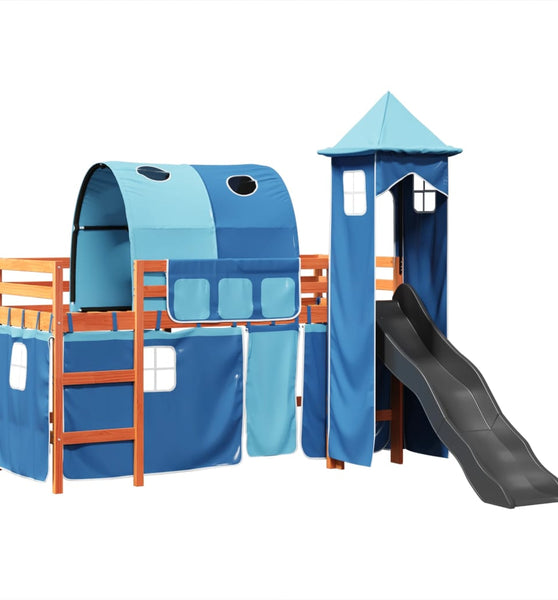 Kinderhochbett mit Turm Blau 90x200 cm Massivholz Kiefer