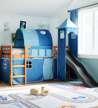 Kinderhochbett mit Turm Blau 90x200 cm Massivholz Kiefer