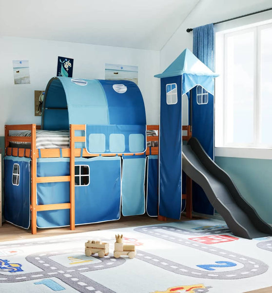 Kinderhochbett mit Turm Blau 90x200 cm Massivholz Kiefer