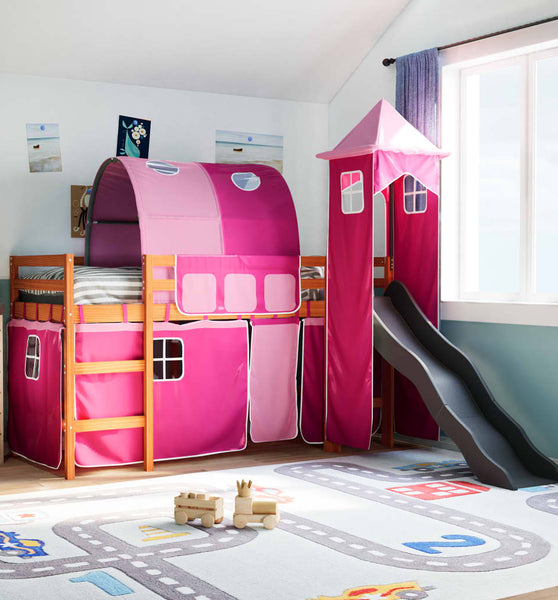 Kinderhochbett mit Turm Rosa 90x200 cm Massivholz Kiefer