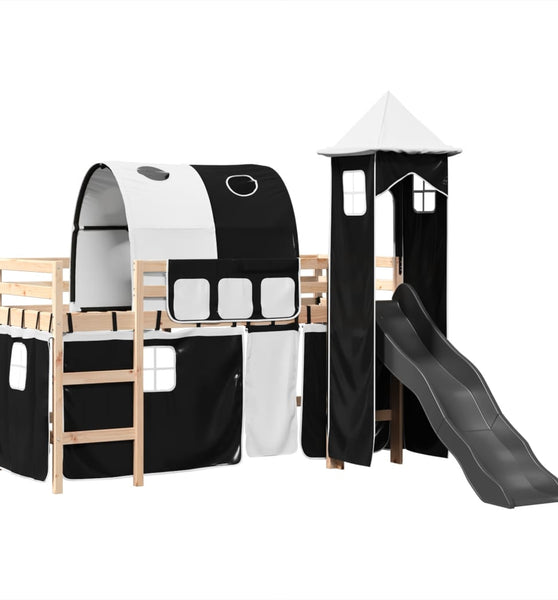 Kinderhochbett mit Turm Weiß & Schwarz 90x190 cm Kiefernholz