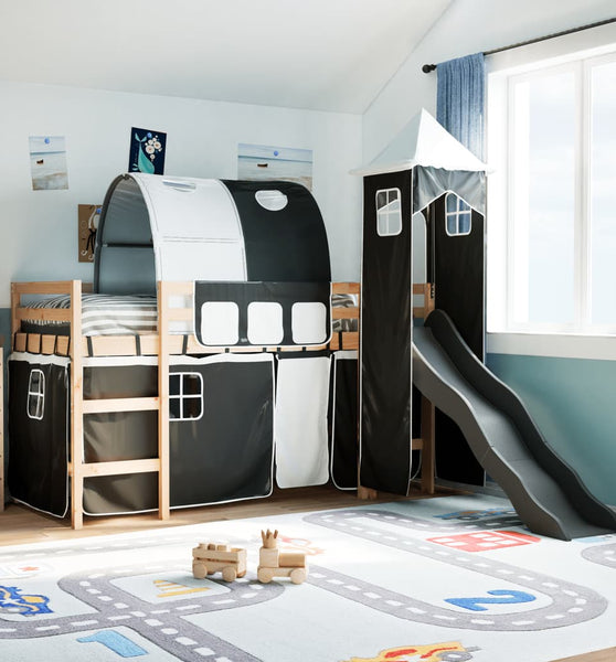 Kinderhochbett mit Turm Weiß & Schwarz 90x190 cm Kiefernholz