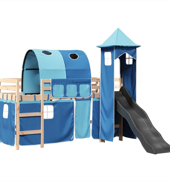 Kinderhochbett mit Turm Blau 90x190 cm Massivholz Kiefer