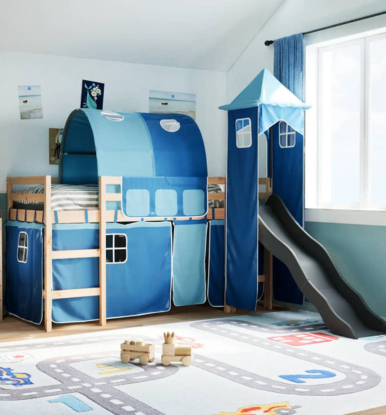 Kinderhochbett mit Turm Blau 90x190 cm Massivholz Kiefer