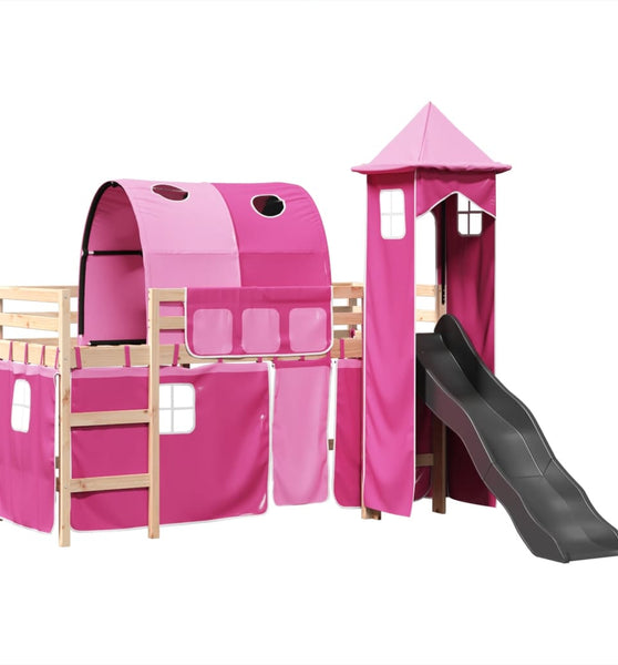 Kinderhochbett mit Turm Rosa 90x190 cm Massivholz Kiefer