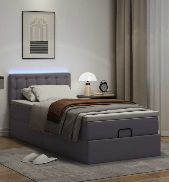 Ottoman-Bett mit Matratzen & LEDs Grau 90x200 cm Kunstleder