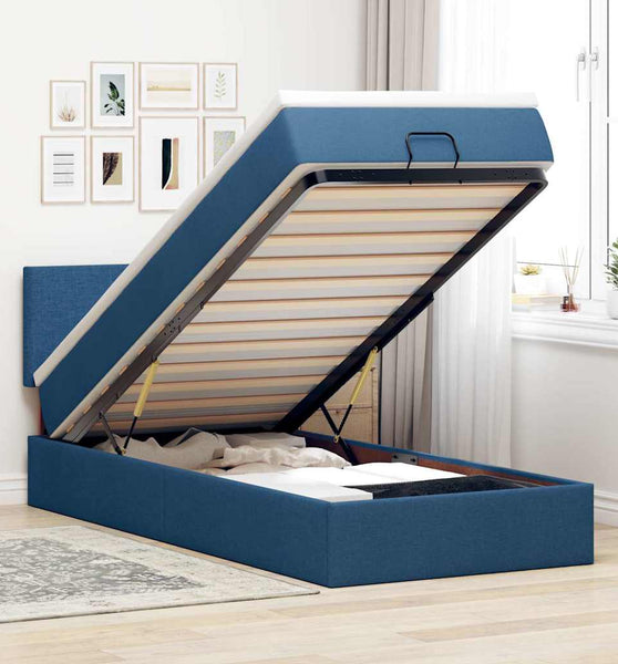 Ottoman-Bett mit Matratze & LEDs Blau 90x190 cm Stoff
