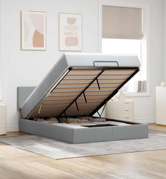 Ottoman-Bett mit Matratze & LEDs Hellgrau 140x200 cm Stoff