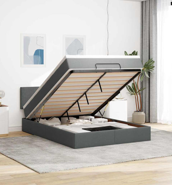 Ottomane Bett mit Matratze & LEDs Dunkelgrau 140x200 cm Stoff