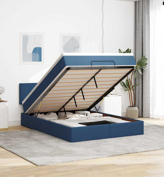 Ottoman-Bett mit Matratze & LEDs Blau 140x200 cm Stoff
