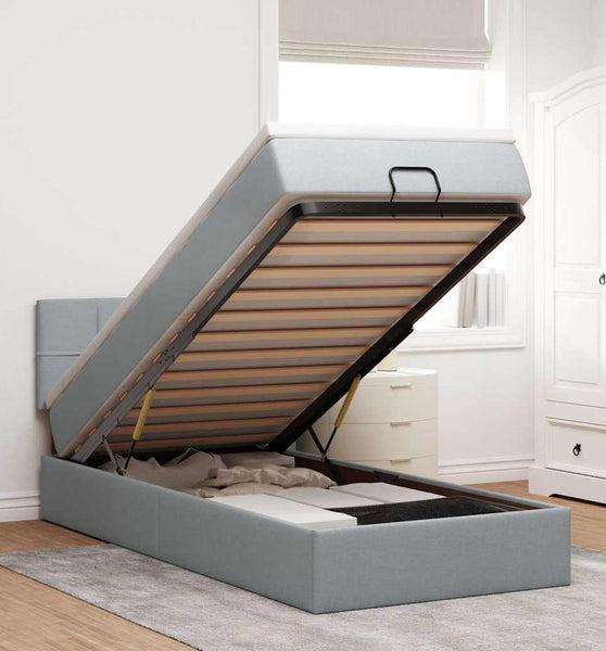 Ottoman-Bett mit Matratze & LEDs Hellgrau 90x190 cm Stoff