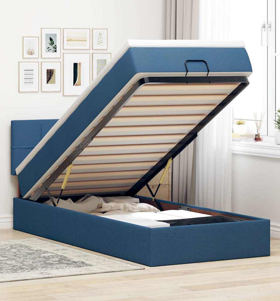 Ottoman-Bett mit Matratze & LEDs Blau 90x190 cm Stoff