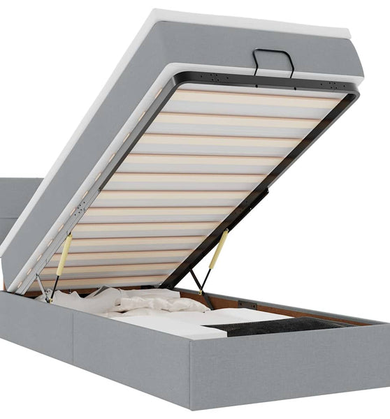 Ottomane Bett mit Matratze & LEDs Hellgrau 90x200 cm Stoff