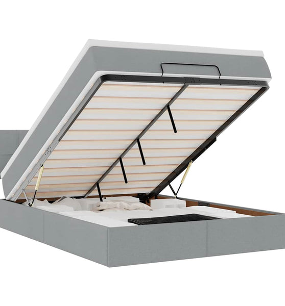 Ottoman-Bett mit Matratze & LEDs Hellgrau 140x200 cm Stoff