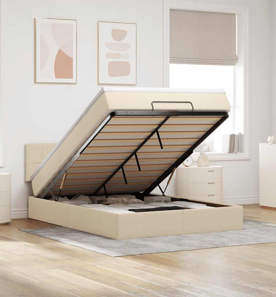 Ottomane Bett mit Matratze & LEDs Creme 140x200 cm Stoff