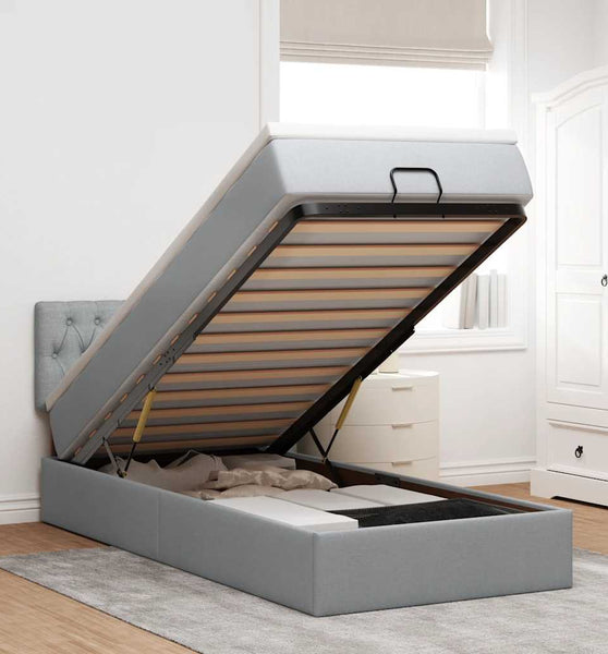 Ottoman-Bett mit Matratze & LEDs Hellgrau 90x190 cm Stoff