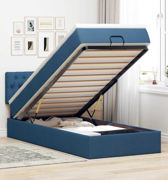 Ottoman-Bett mit Matratze & LEDs Blau 90x190 cm Stoff