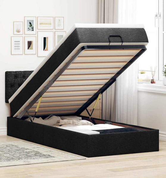 Ottoman-Bett mit Matratze & LEDs Schwarz 90x200 cm Stoff