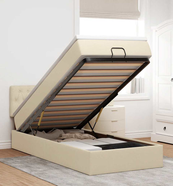 Ottomane Bett mit Matratze & LEDs Creme 90x200 cm Stoff