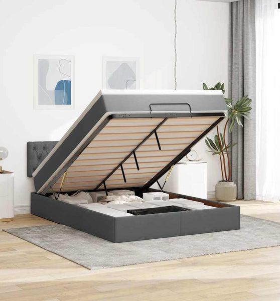 Ottomane Bett mit Matratze & LEDs Dunkelgrau 140x200 cm Stoff